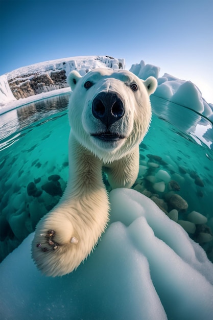 ホッキョクグマが水中を泳いでいて、カメラを見ています。