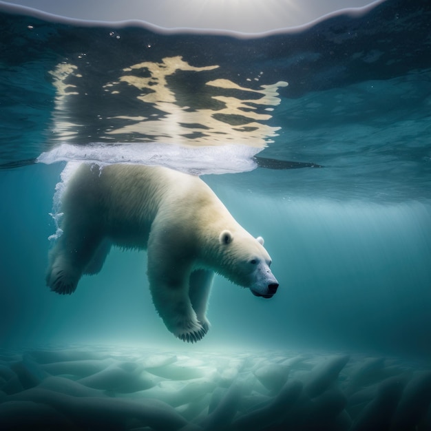 A polar bear is swimming under water with the sun shining on it generative Ai