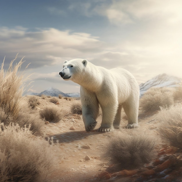 A polar bear is walking through the desert with the snow on the ground.