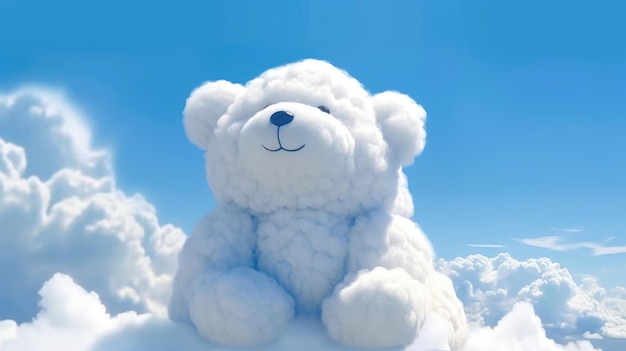 A polar bear made of snow sits on top of clouds.