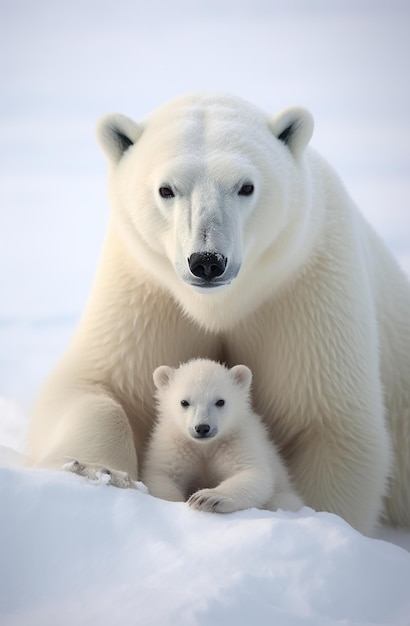 Polar bear mother and cub on the snow in the north