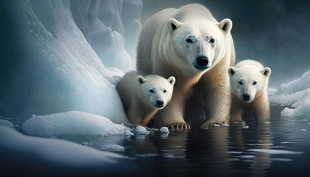 Polar bear mother and cubs in natural arctic habitat illustration Generative Ai