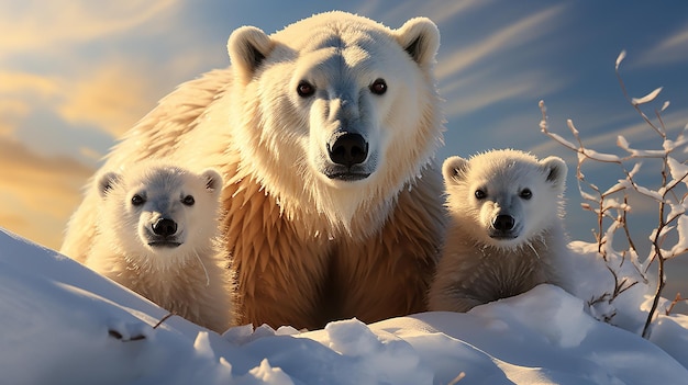 Polar bear mother with cubs