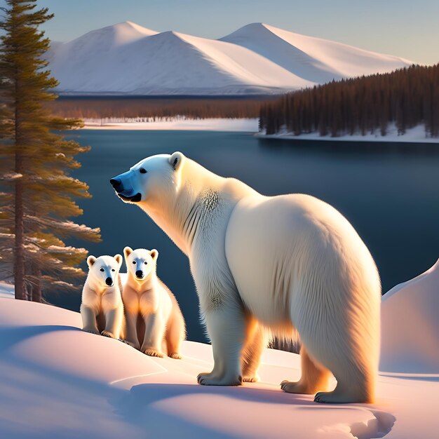 Polar bear mother with cubs