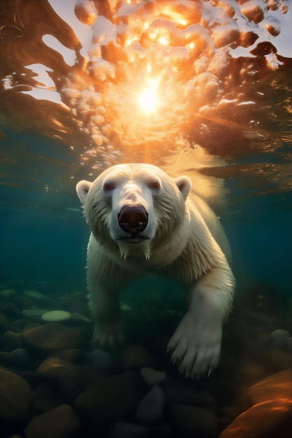 Полярный медведь на Северном полюсе с живописным видом на снежные горы зимой