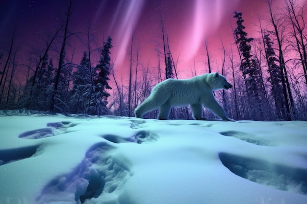 Foto impronte di zampe di orso polare sulla neve con le luci del nord sullo sfondo