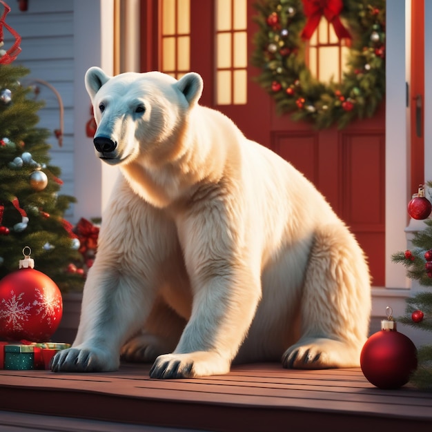 Polar bear on porch of house decorated for Christmas and New Year background