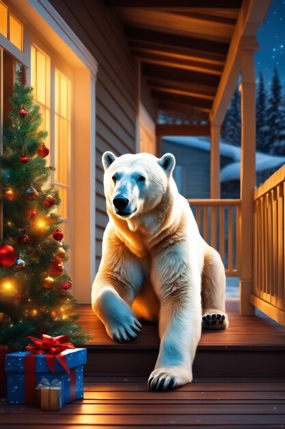 Polar bear on porch of house decorated for christmas and new year background