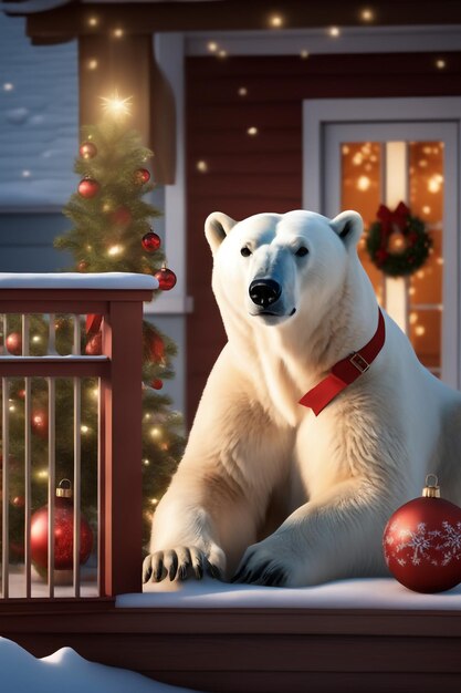 Photo polar bear on porch of house decorated for christmas and new year background