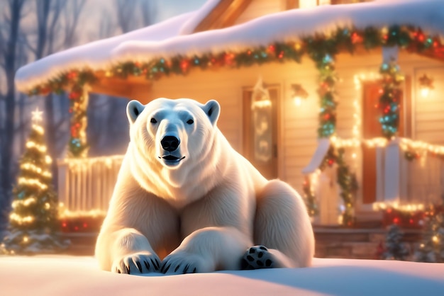 Polar bear on porch of house decorated for Christmas and New Year background