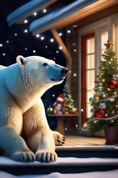 Foto orso polare sul portico della casa decorato per lo sfondo di natale e capodanno