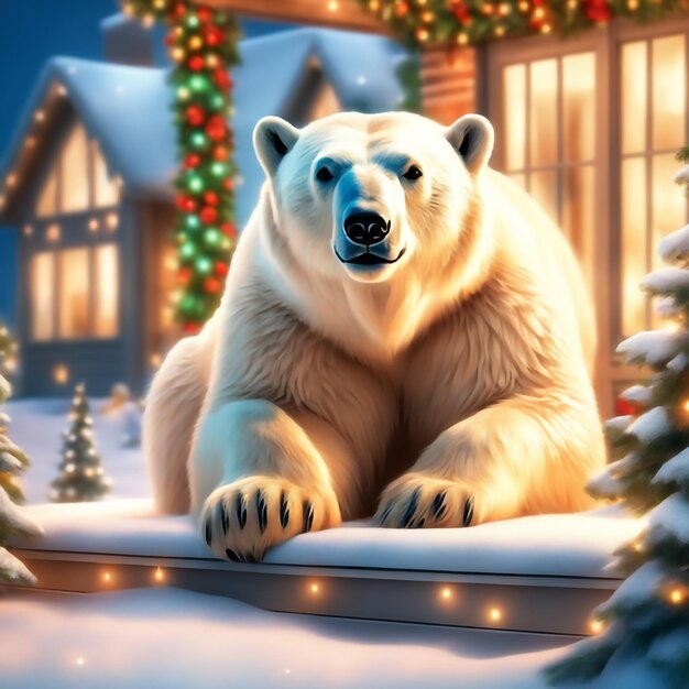 Polar bear on porch of house decorated for christmas and new year background