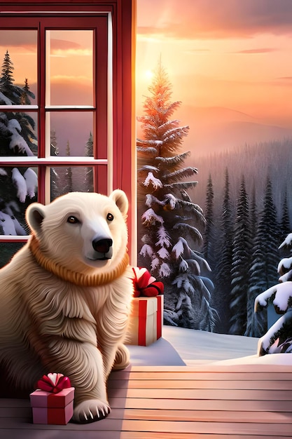 Photo polar bear on porch of house decorated for christmas and new year