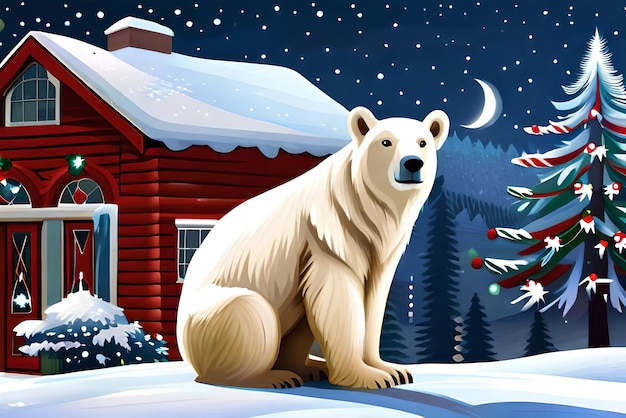 Foto orso polare sul portico della casa decorato per natale e capodanno