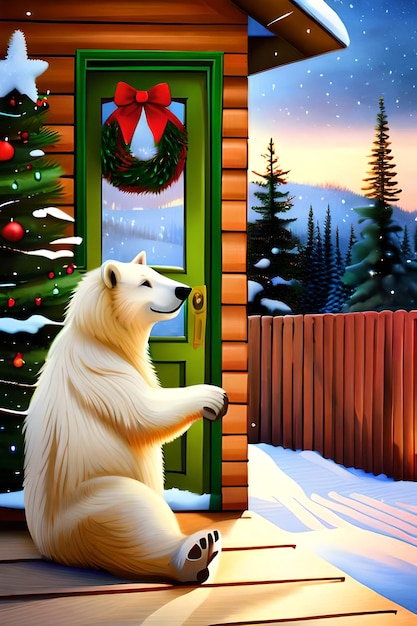 Photo polar bear on porch of house decorated for christmas and new year