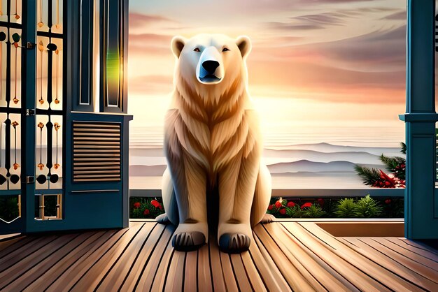 Photo polar bear on porch of house decorated for christmas and new year