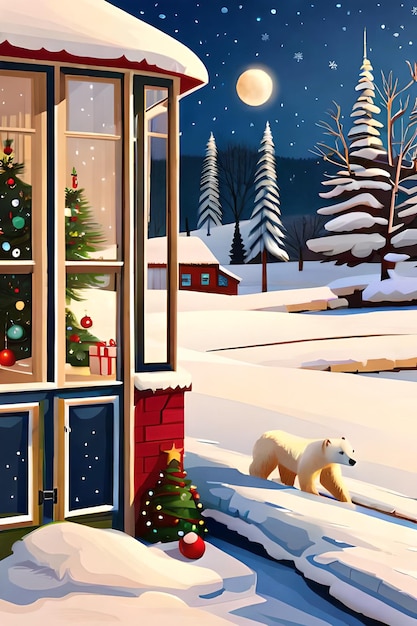 Polar bear on porch of house decorated for Christmas and New Year