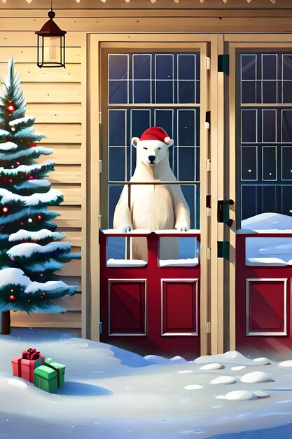 Polar bear on porch of house decorated for christmas and new year