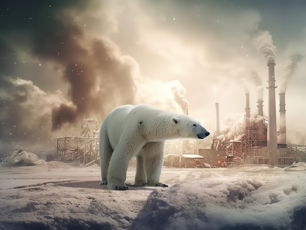 polar bear on power plant factory field air pollution of factory climate change ai generated