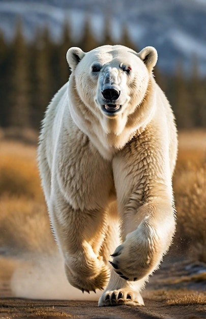 背景のトラックで走る北極熊 砂漠の自然 野生生物と雪