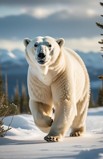 Photo polar bear running on background track desert nature wildlife and snow