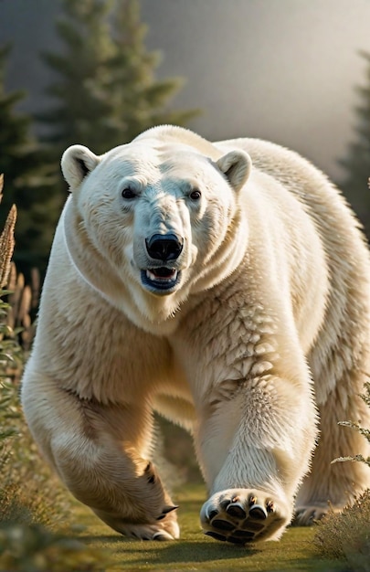 Photo polar bear running on background track desert nature wildlife and snow