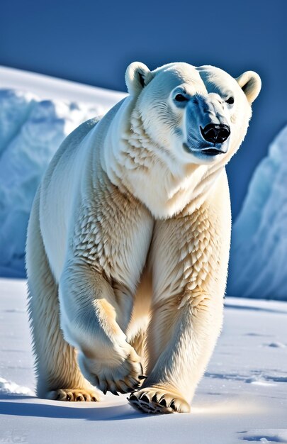 Polar bear running on background track desert nature wildlife and snow