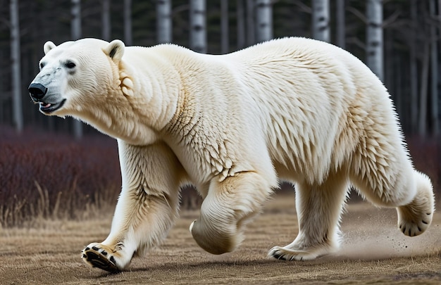 背景のトラックで走る北極熊 砂漠の自然 野生生物と雪