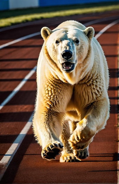 Polar bear running on background track desert nature wildlife and snow