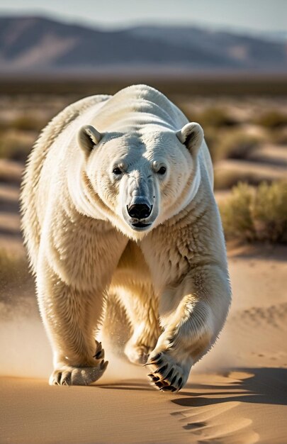 Polar bear running on background track desert nature wildlife and snow