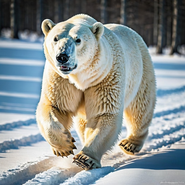 背景のトラックで走る北極熊 砂漠の自然 野生生物と雪