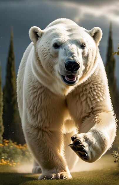 Polar bear running on background track desert nature wildlife and snow