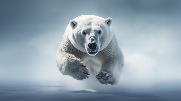 A polar bear runs in the snow