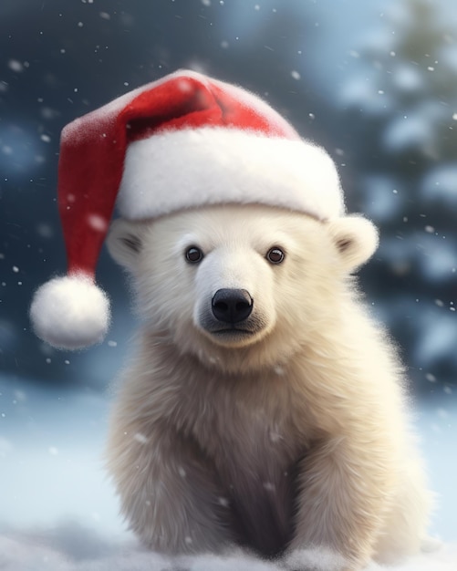 Photo polar bear in santa claus hat sitting on snow in winter forest illustration