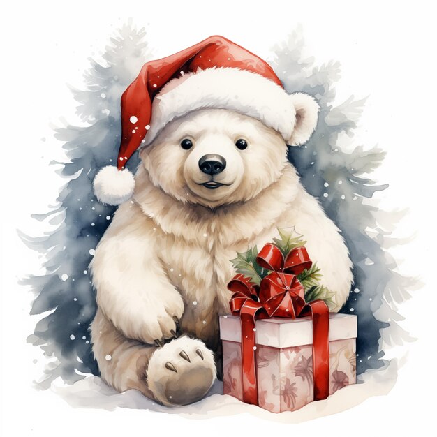 Polar bear in Santa hat with gift box Watercolor illustration