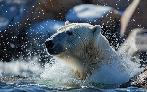 Photo polar bear shaking off icy water after emerging from a swim