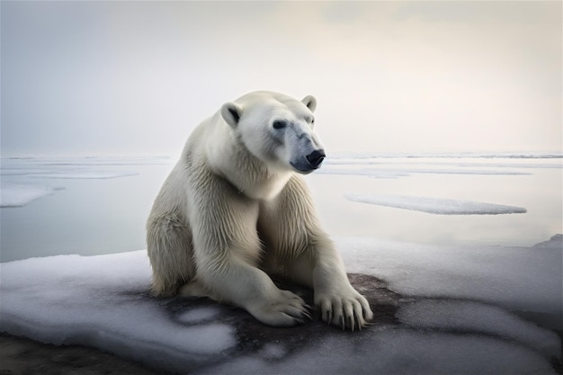 A polar bear sits on an ice floe with ice on it.