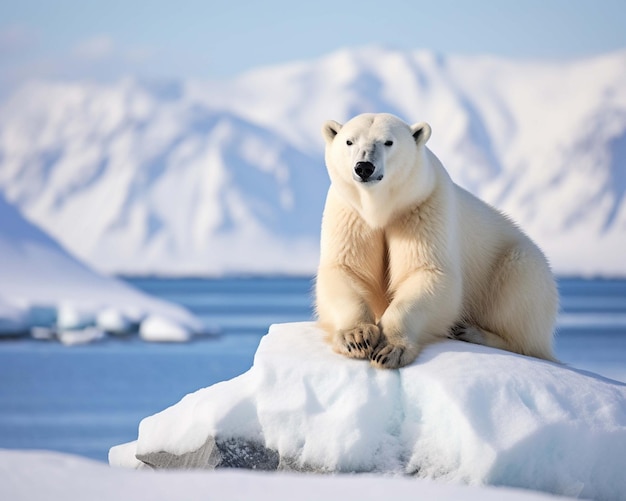 a polar bear sits on ice with the sun setting behind him