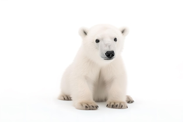 A polar bear sits on a white background.