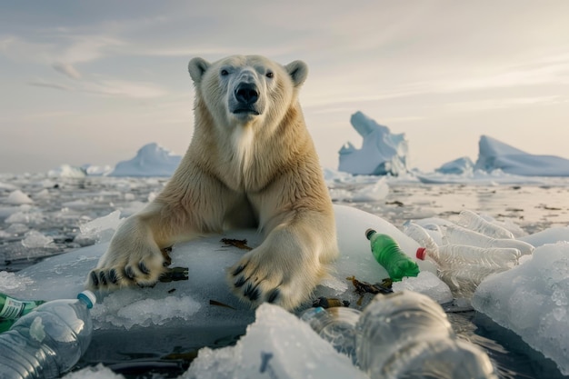 a polar bear sitting on an iceberg with plastic bottles garbage plastic pollution