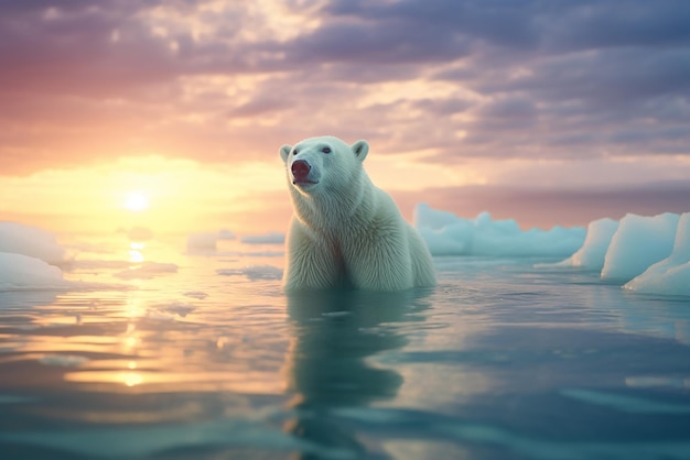 A polar bear sitting on icebergs at the North Pole