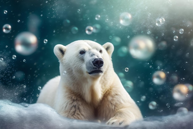 a polar bear sitting on a rock with bubbles floating around
