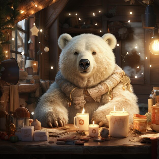 Polar bear smiles under the cloudy sky at the table with lit candles