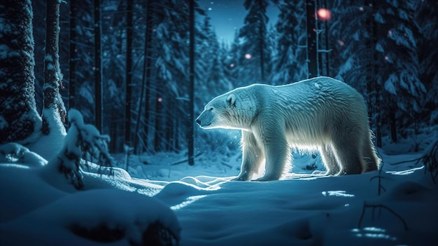 белый медведь в снегу на ночной сцене