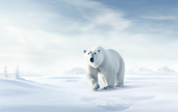 a polar bear in the snow with a sky background