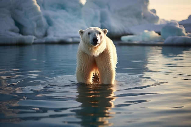 Polar bear standing in clear water glacier seeing blue sea