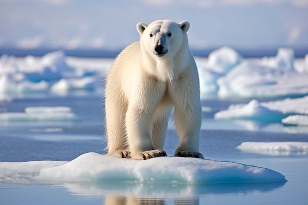 Белый медведь стоит на ледяной плите в Арктике на фоне моря и неба