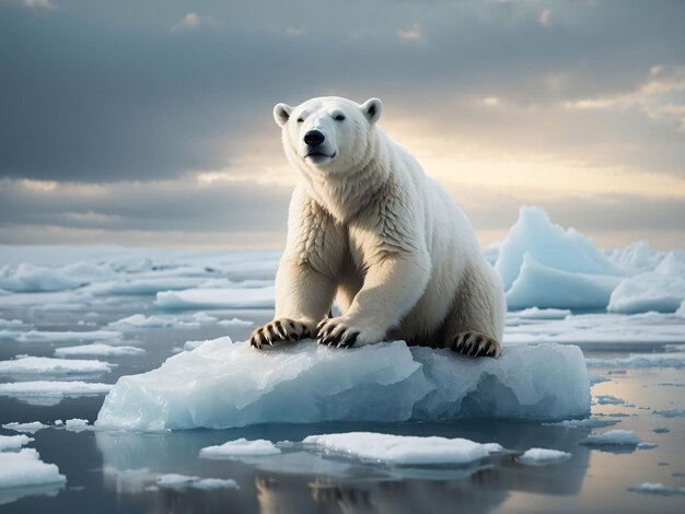 Photo polar bear standing on melting iceberg animal extinction campaign