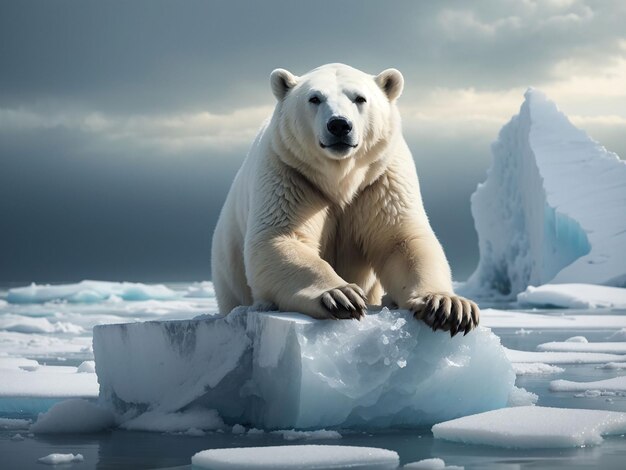 Photo polar bear standing on melting iceberg animal extinction campaign