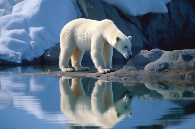 a polar bear standing on a rock in the snow